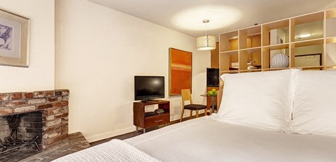 a bedroom with a bed a television and a fireplace