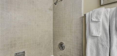 a bathroom with a shower and a towel rack
