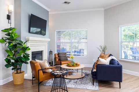 a living room with gray walls and a fireplace with a tv above it at Clear Creek Meadows Apartments, Copperas Cove, Texas