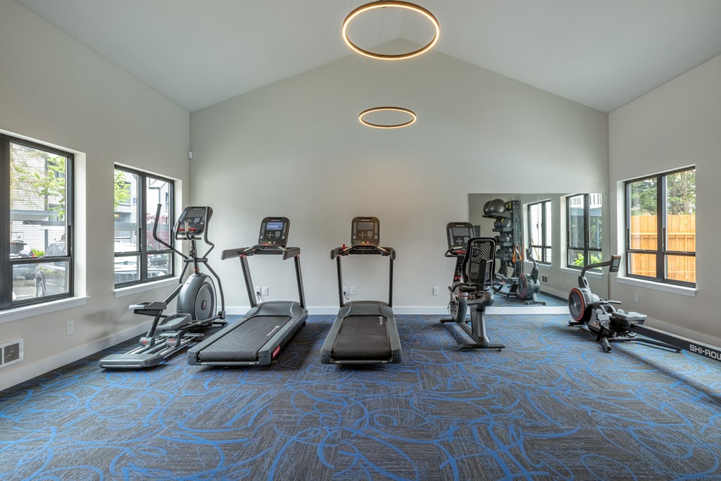 a gym with treadmills and other exercise equipment in a building with windows