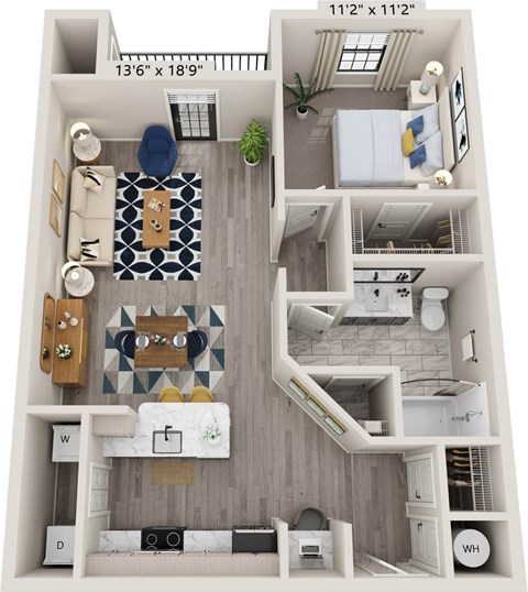 A 112" x 112" floor plan of a two-bedroom apartment with a living room, kitchen, and bathroom.