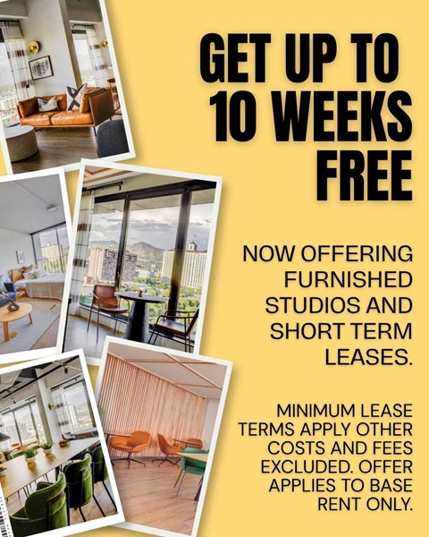 An advertisement for furnished studios and short term leases with a 10 weeks free offer.