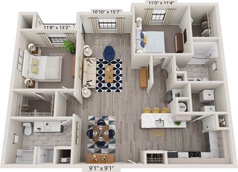 A floor plan of a two-story house with a living room, kitchen, and two bedrooms.