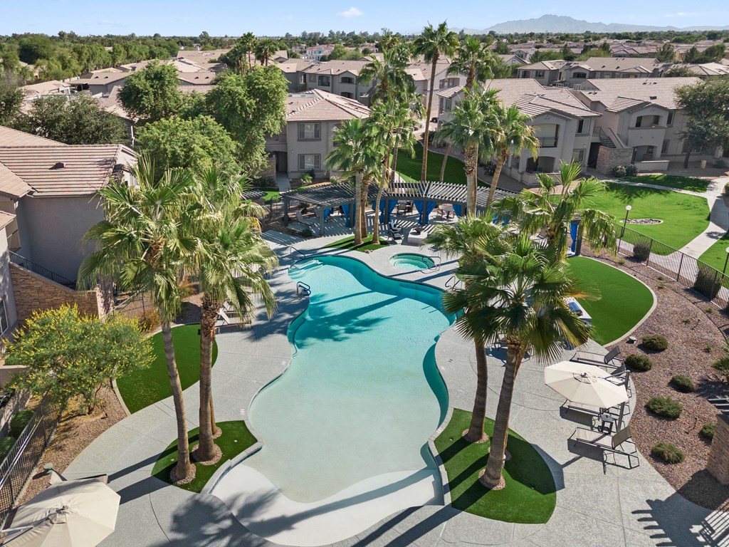 an aerial view of a swimming pool with palm trees