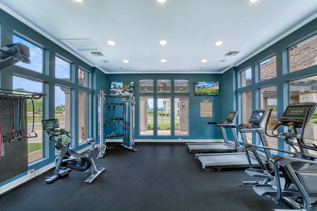 A gym with treadmills and exercise bikes.