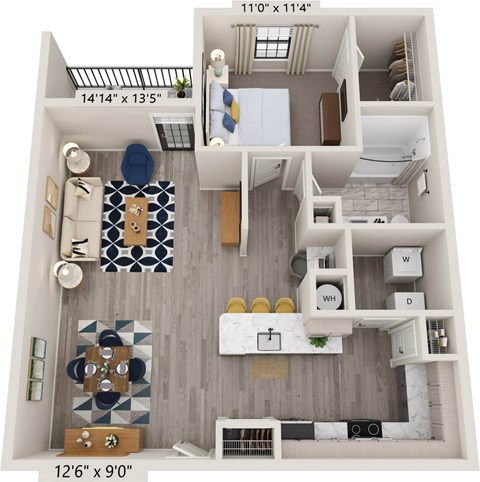 A floor plan of a small apartment with a kitchen, living room, and bathroom.