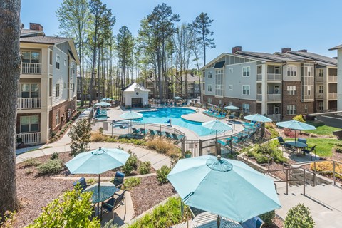 Aerial view of the pool surrounded by lounge chairs at The Everlin at Indian Trail apartments in Indian Trail, NC.