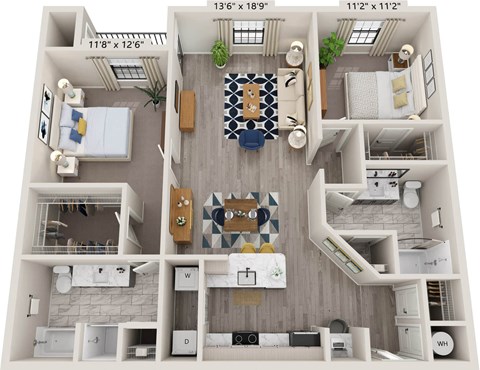 A floor plan of a two-bedroom apartment with dimensions.