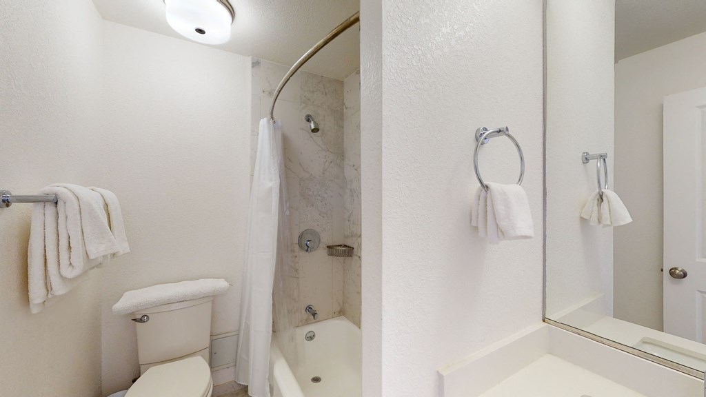 a bathroom with a bathtub and a toilet