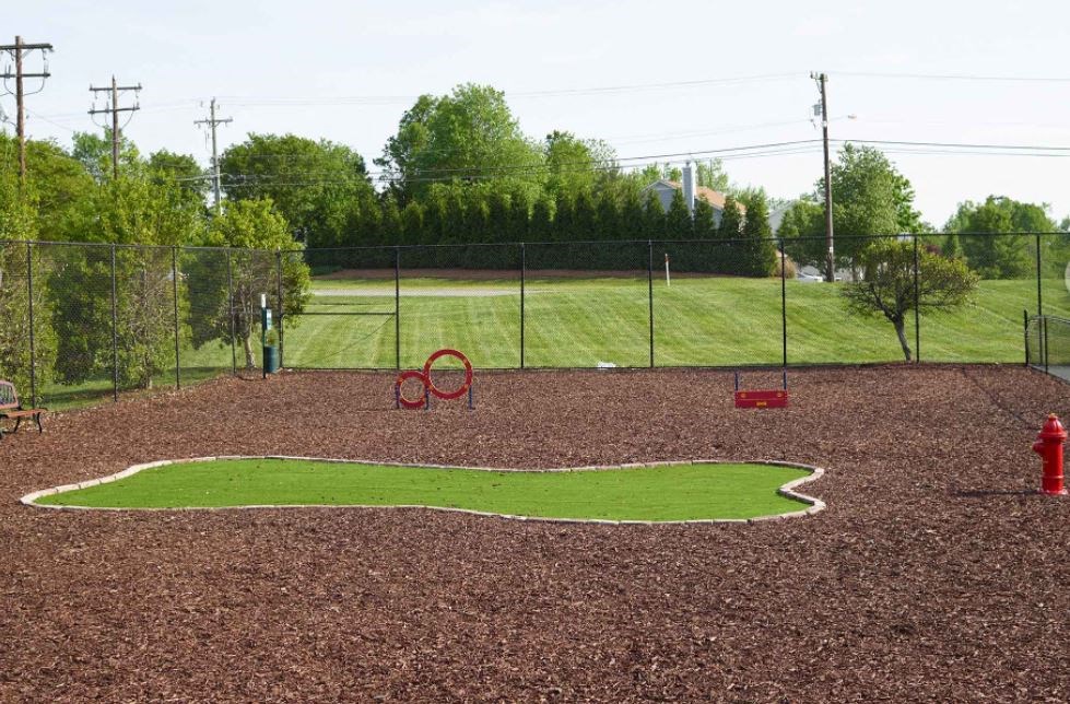 a red fire hydrant sitting next to a lush green field at The Madison at Adams Farm, Greensboro, NC 27407