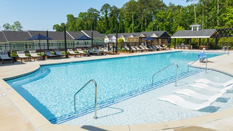 A large swimming pool with a metal ladder and sun loungers.