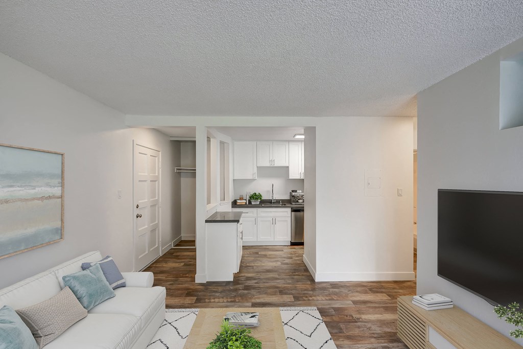 the living room and kitchen of an apartment with a couch and a tv