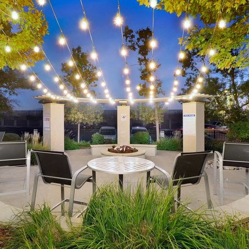 night shot of outdoor lounge area at Alvista Nine Mile, Asheville, NC