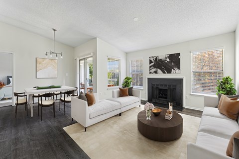 A living room with a fireplace and a couch.