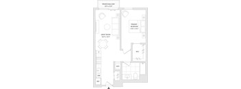 A floor plan of a private balcony and rooms with their respective dimensions.