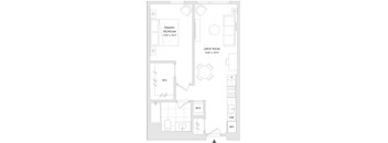 A floor plan of a room with a primary bedroom and a great room.