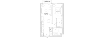 A floor plan of a home with a private balcony, great room, and two bedrooms.