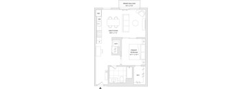 A floor plan of an apartment with a private balcony, great room, and primary bedroom.