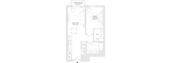A floor plan of an apartment with a private balcony, great room, and two bedrooms.