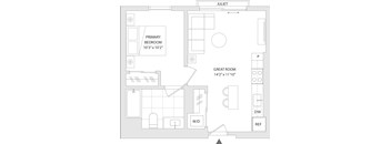 A floor plan of a room with a primary bedroom and a great room.