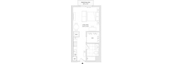 A floor plan of a living space and private balcony.