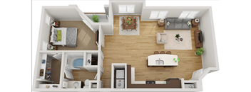 A 3D floor plan of a two-bedroom apartment with a living room, kitchen, and bathroom.