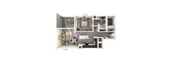 A 3D floor plan of a house showing a kitchen, living room, and bathroom.