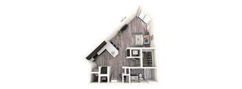 A 3D rendered image of a small house layout with a kitchen, living room, and bathroom.