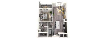 A 3D floor plan of a small apartment with a living room, kitchen, and bathroom.