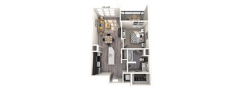 A 3D floor plan of a small apartment with a kitchen, living room, and bathroom.
