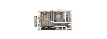 A 3D floor plan of a small apartment with a living room, kitchen, and bedroom.