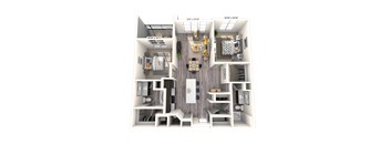 A 3D floor plan of a house with a living room, kitchen, and two bedrooms.