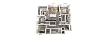 A 3D floor plan of a house with a living room, kitchen, and two bedrooms.