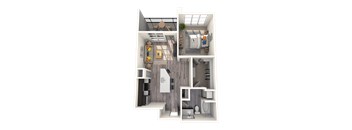 A 3D floor plan of a small apartment with a kitchen, living room, and bathroom.