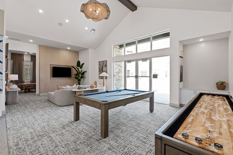 A billiard table is in the middle of a room with a television, couches, and a pool table.