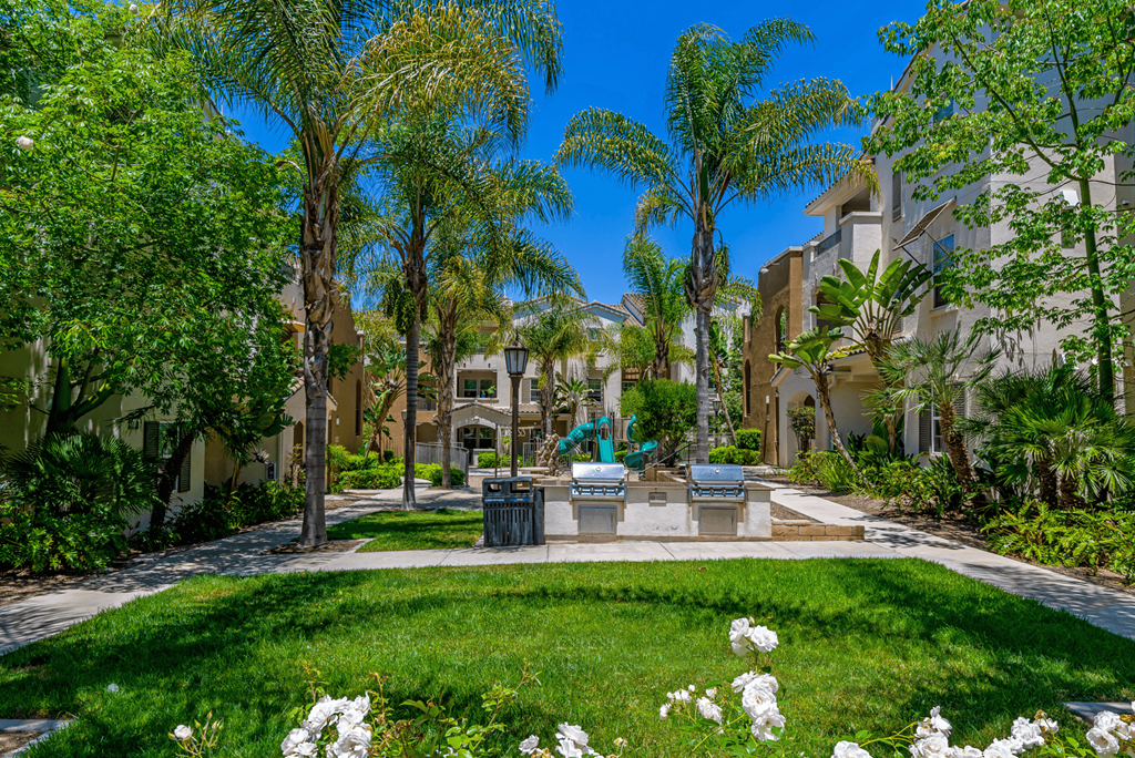 A sunny day in a well-maintained garden with white flowers and greenery.