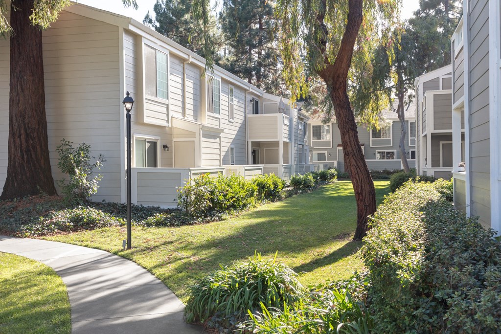 a sidewalk leads through a grassy area with trees and buildings in the background