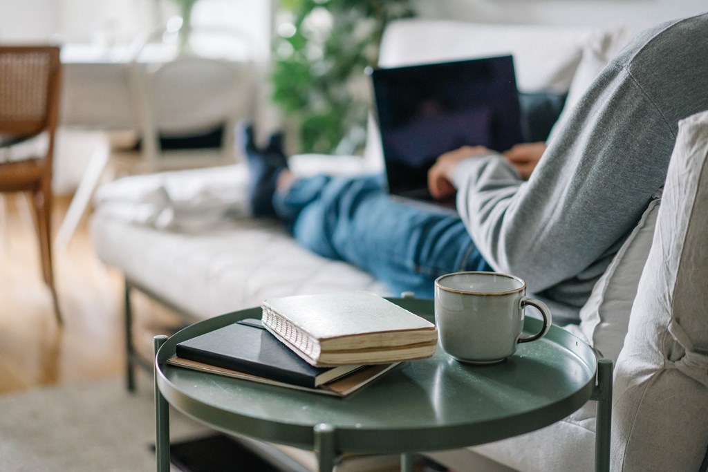a person sitting on a couch with a laptop