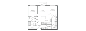 A black and white image of a floor plan for a two bedroom apartment.