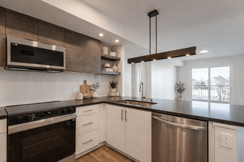 A modern kitchen with a stainless steel dishwasher and black countertops.