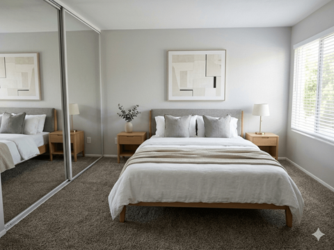 A bedroom with a large bed and a mirror on the wall.
