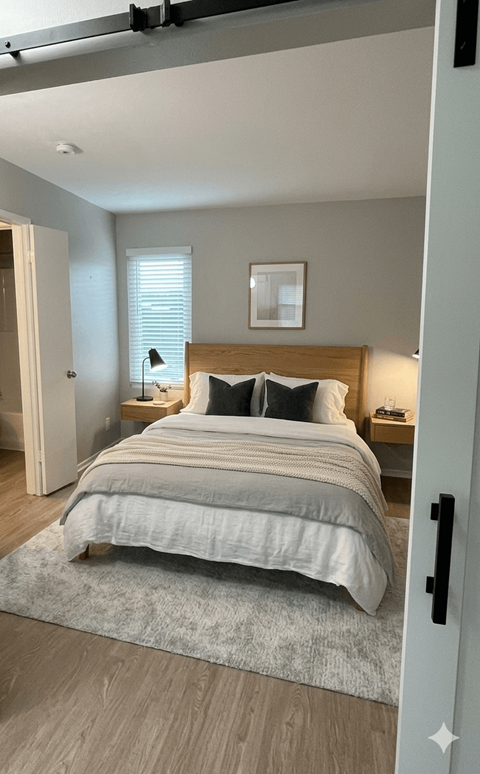 A bedroom with a bed, nightstand, and window.