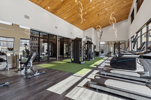 A gym with a variety of equipment including treadmills, weights, and exercise machines.