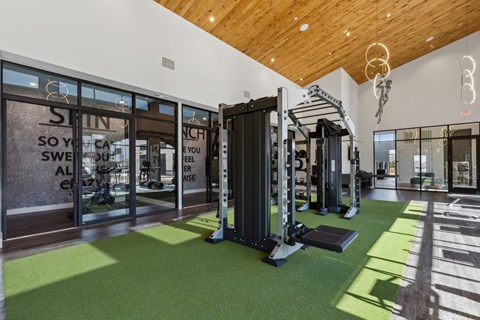 A gym with a green floor and a wooden ceiling.