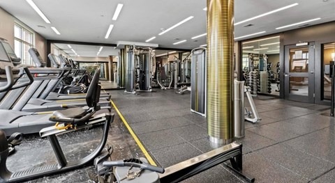 A gym with treadmills, weights, and other exercise equipment.