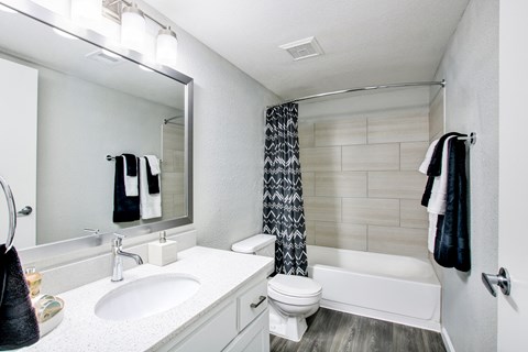 a bathroom with a white sink and toilet next to a white bathtub with a shower curtainat The Julia, Arizona