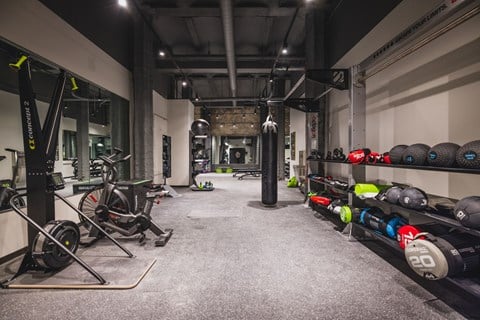 A gym with a variety of equipment including weights and a rowing machine.
