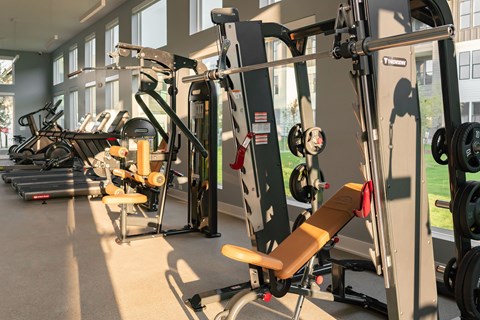 A gym with a row of exercise machines.