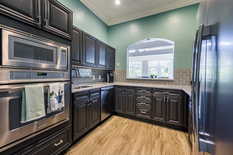 A kitchen with black cabinets and stainless steel appliances.