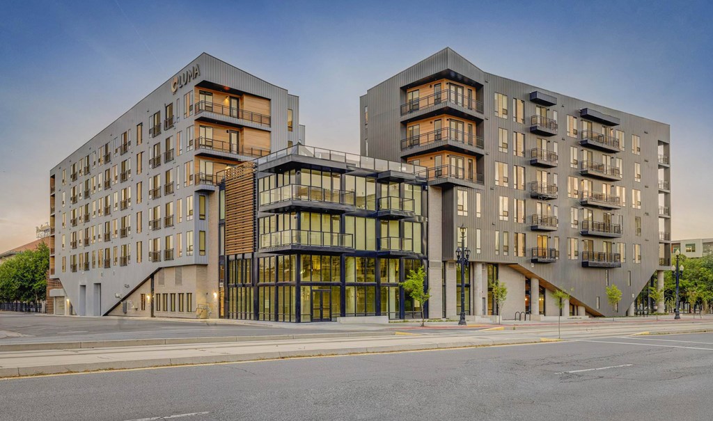 Front view of Luma, luxury apartments in Salt Lake City, UT, with clean modern architecture.